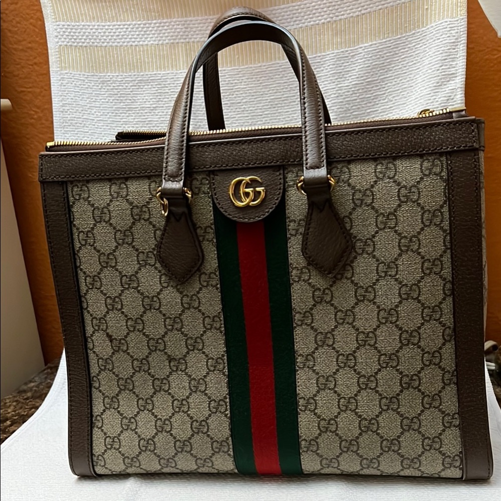 Gucci Brown and Green Patterned Briefcase